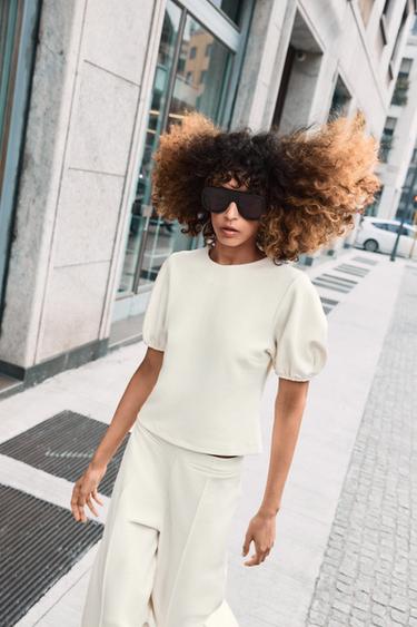Zara PUFF SLEEVE TOP - Ecru