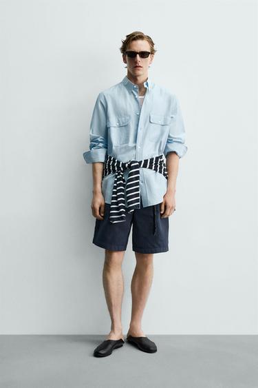 CAMISA FLUIDA REGULAR FIT BOLSILLOS AARON LEVINE X ZARA - Celeste claro de Zara - Imagen 0
