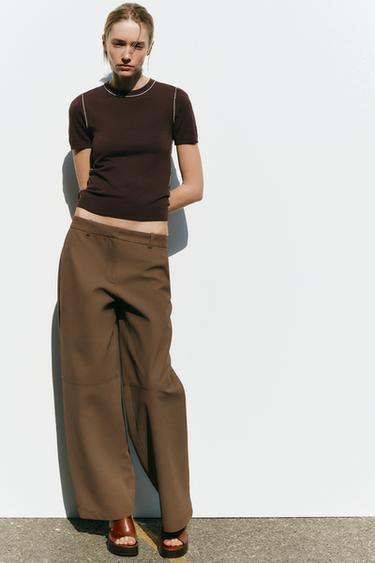 Zara TRIMMED SHORT SLEEVE KNIT TOP - Brown - Image 0