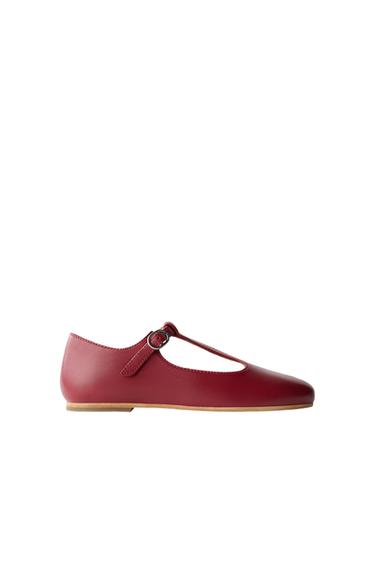 Zara LIMITED EDITION T-STRAP LEATHER BALLET FLATS - Burgundy Red