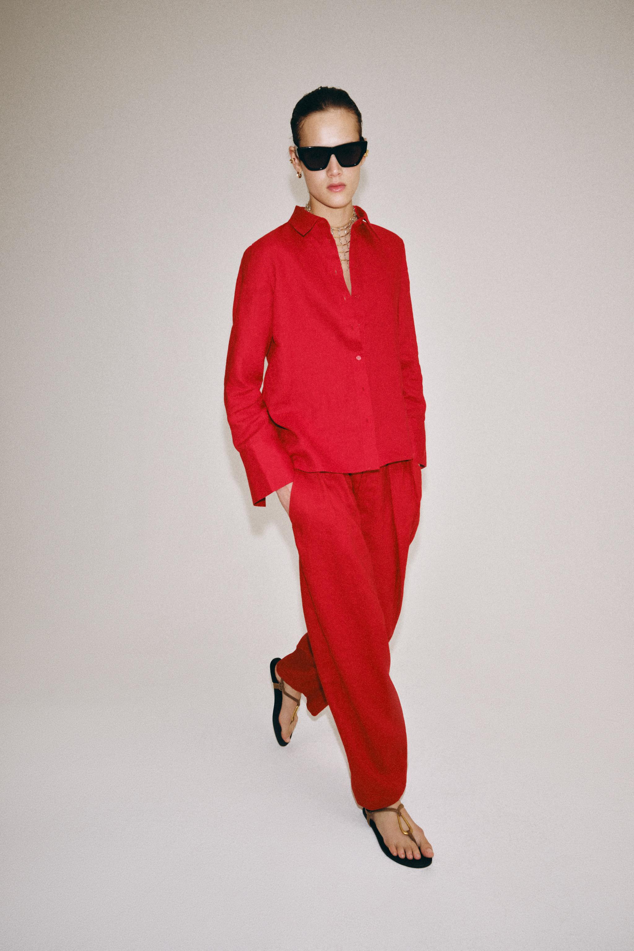 100% LINEN PLEATED PANTS ZW COLLECTION — Red