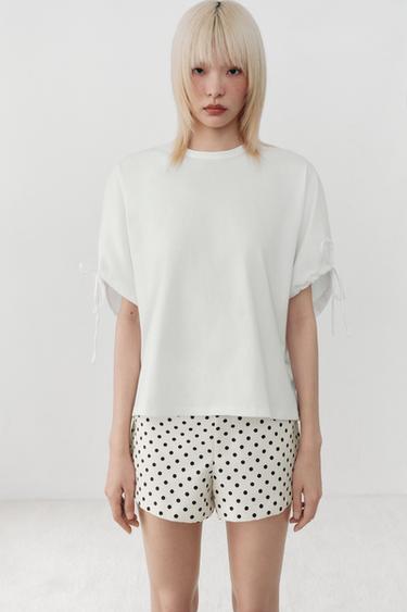 Zara 棉質綁帶 T 恤 - 白色