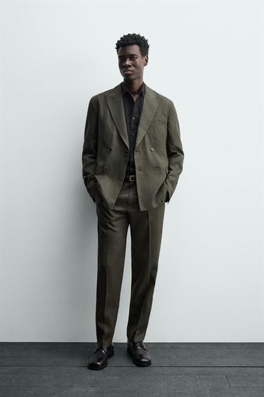 DOUBLE-BREASTED 100% LINEN SUIT BLAZER - Khaki by Zara