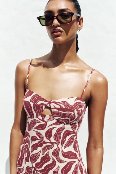 ROBE MIDI RUSTIQUE IMPRIMÉE AVEC LIN - Écru / Grenat de Zara - Image 2