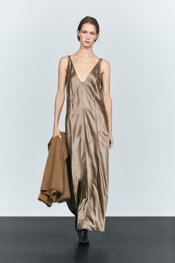 Vestido largo escote pico satinado - 211 de Zara - Imagen 0