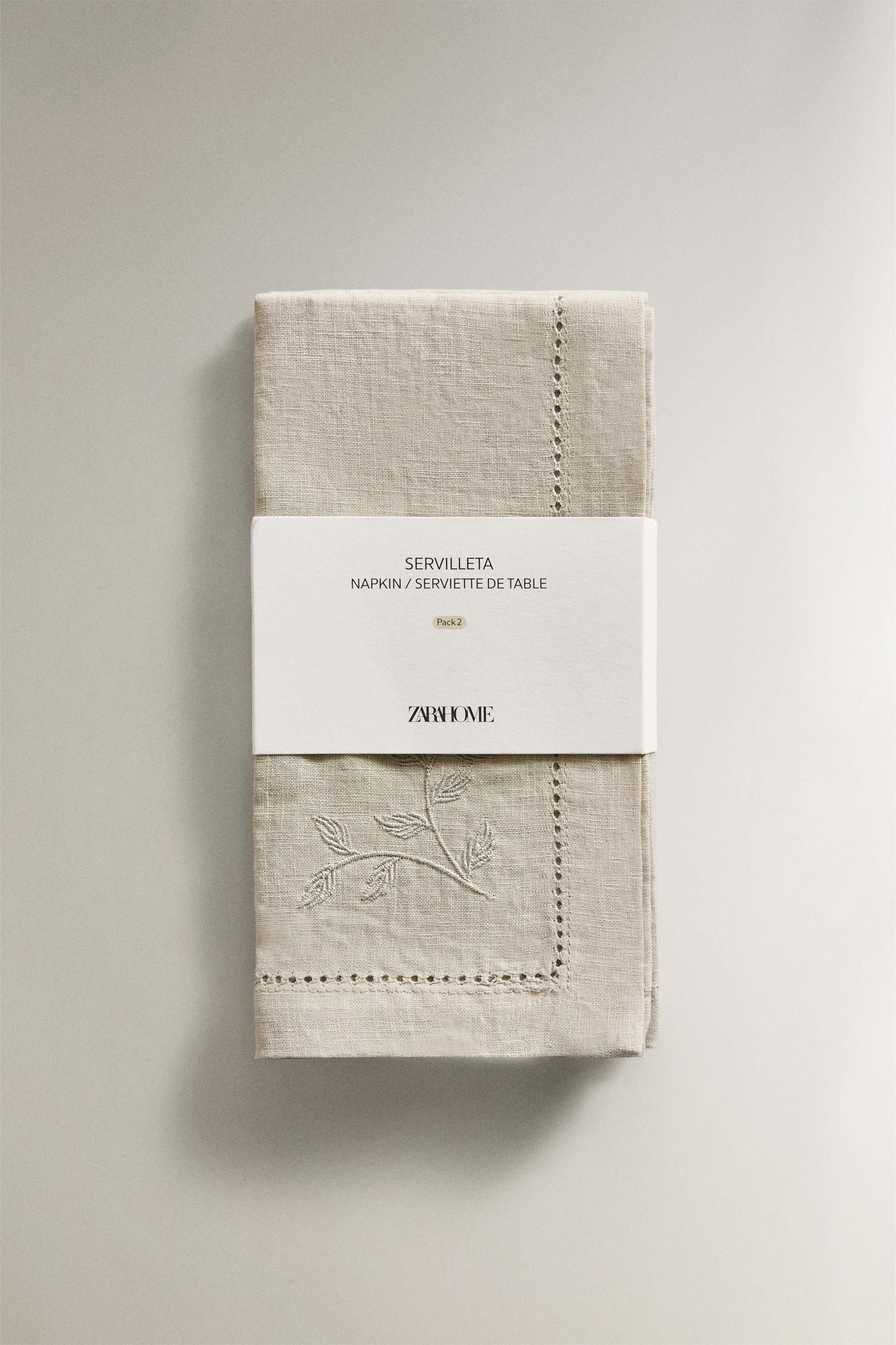 SERVIETTE DE TABLE EN LIN BRODÉE FLEUR (LOT DE 2)