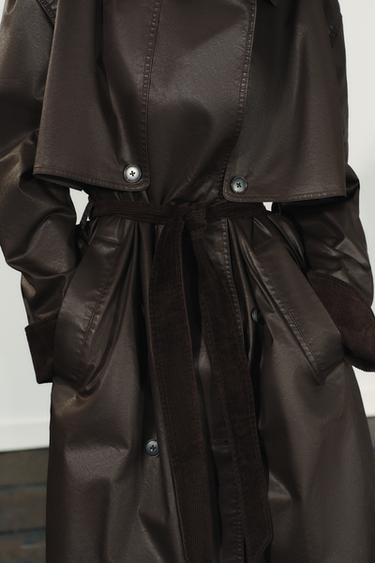 LONG WAXED TRENCH COAT WITH CORDUROY CUFFS - Dark brown by Zara