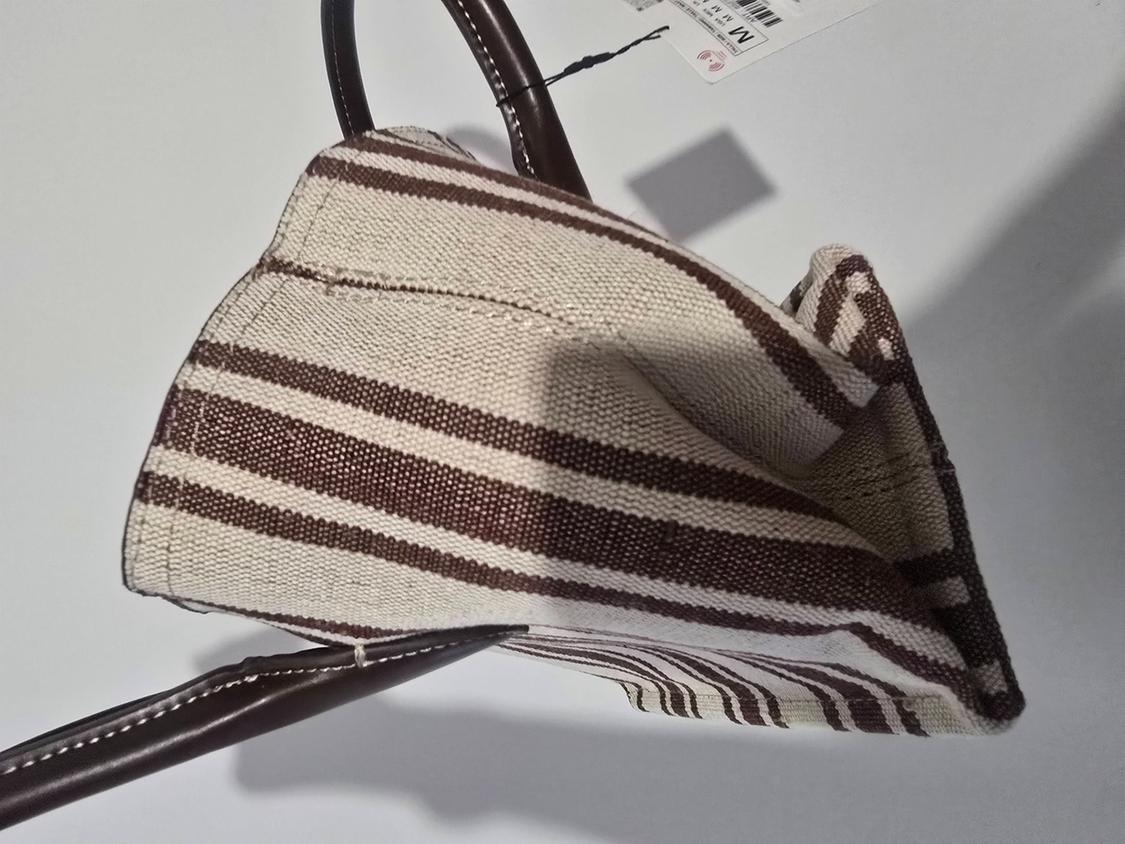 BEIGE AND BROWN CANVAS STRIPED MINI TOTE BAG - Image 3