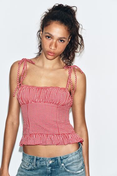 TOP FRUNCES CUADRO VICHY - Rojo / Blanco de Zara