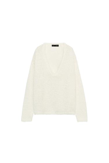 V-NECK KNIT JUMPER - Ecru by Zara