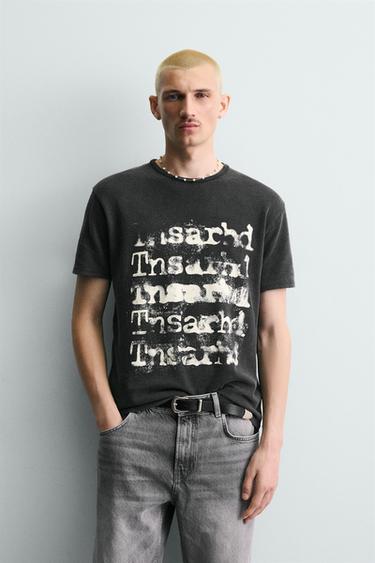 T-SHIRT EN MAILLE IMPRIMÉ LAVÉ - Noir de Zara