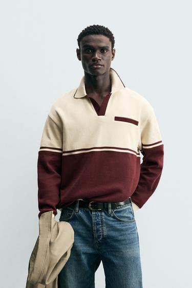 Zara COLOR BLOCK CONTRAST POLO SHIRT - Maroon