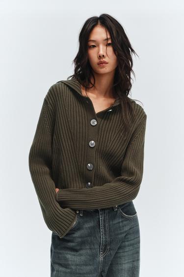 Zara 鈕扣羅紋針織外套 - 深卡其色