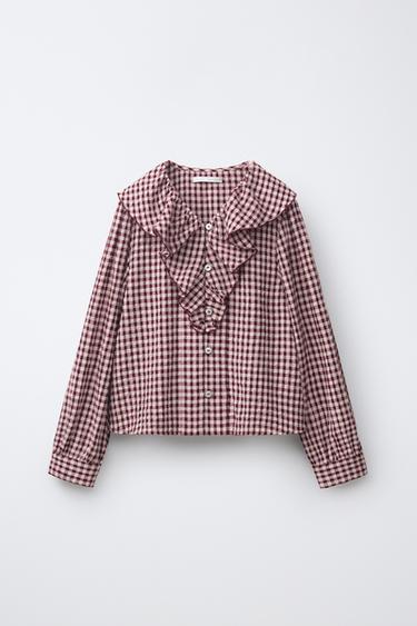 CHECK SHIRT WITH RUFFLE TRIM - Light maroon by Zara - Image 0