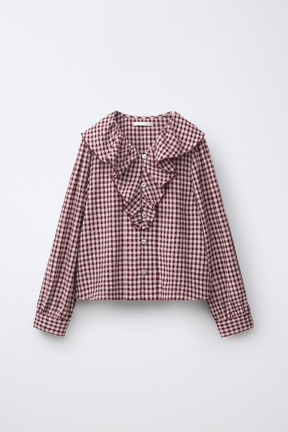 CAMISA VOLANTE CUADROS - Granate claro de Zara - Imagen 0