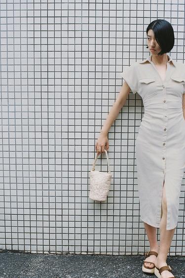 図案入り編み込みバスケットライトベージュZaraの図案入り編み込みバスケット - ライトベージュ