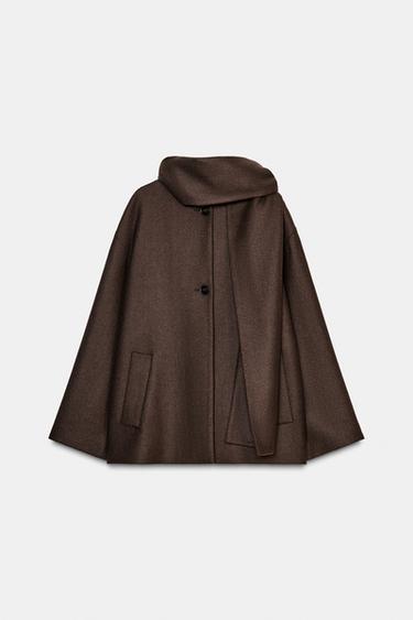CROPPED WOOL COAT WITH SCARF - Brown by Zara - Image 6