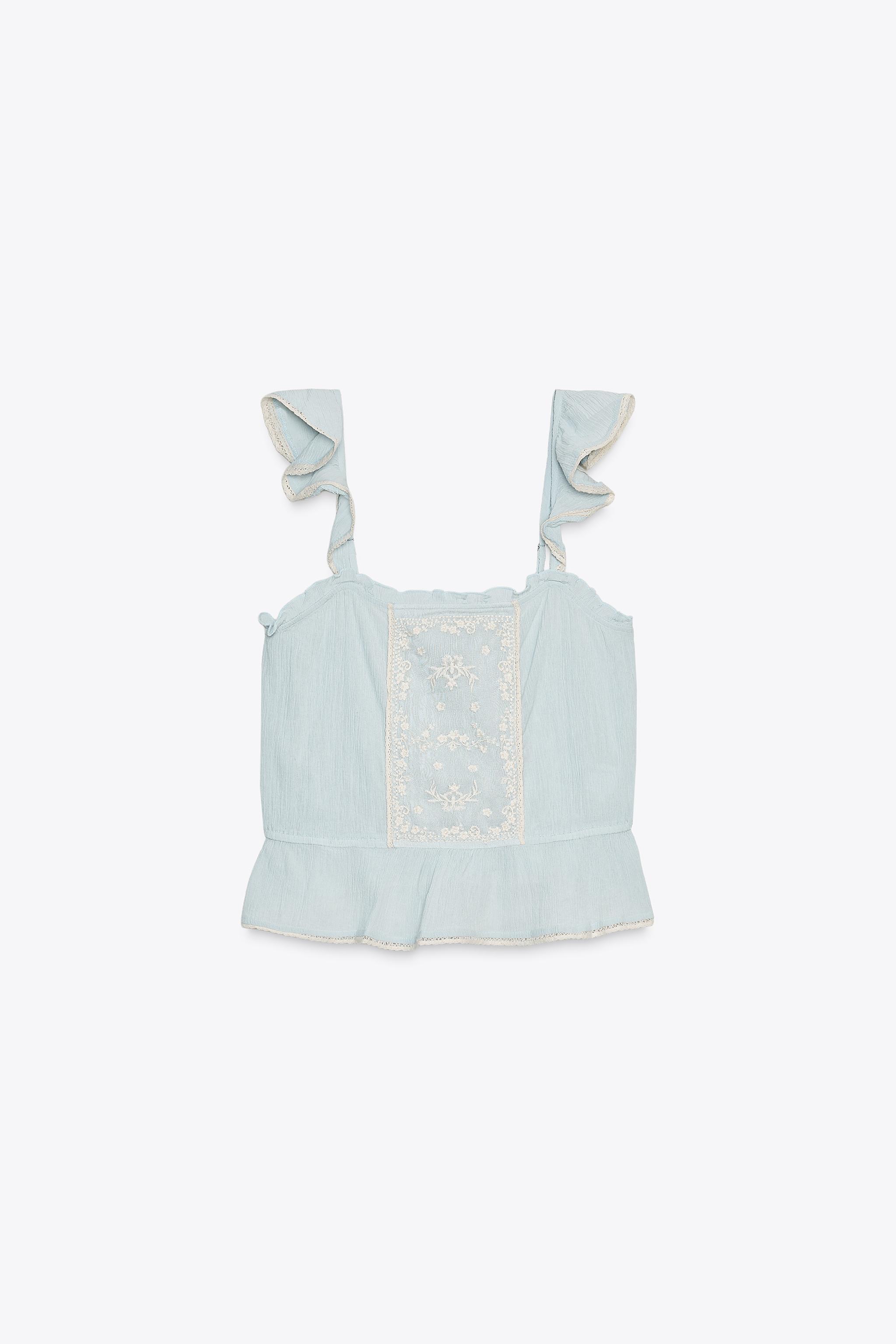 【ZARA】フリル刺繍トップス   5107/004/400 ○#フリル刺繍トップス EMBROIDERED RUFFLE TOP ブルー | 5107
