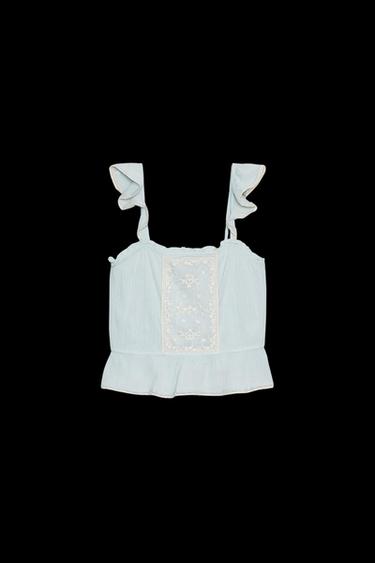 Zara EMBROIDERED RUFFLE TOP - Blue - Image 0