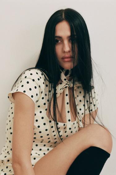 POLKA DOT SHORT DRESS WITH TIE DETAIL - Ecru / Black by Zara