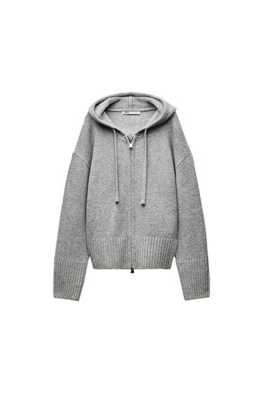 Front view of a grey hooded sweatshirt with zip