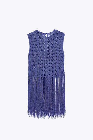 FRINGED CROCHET KNIT TOP - Blue by Zara - Image 1