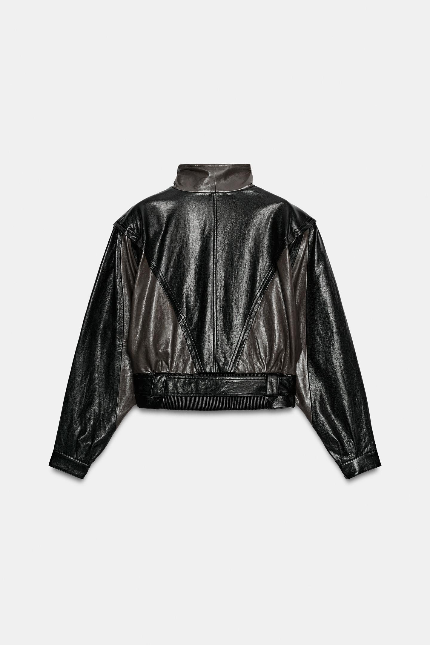 Женская куртка Zara Faux Leather Jacket with Belt, цвет: Чёрный / Коричневый — фото 8