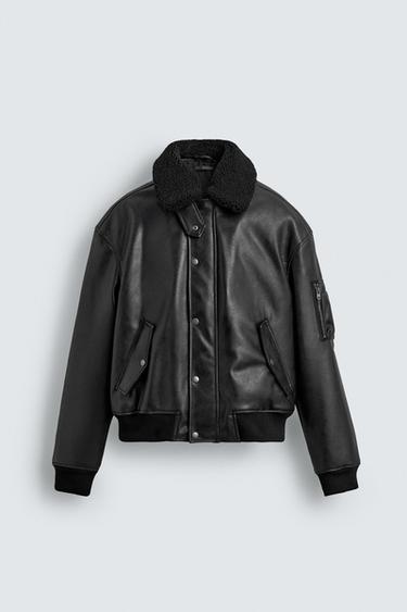 CAZADORA EFECTO PIEL CUELLO DESMONTABLE - Negro de Zara
