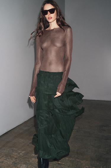JUPE MIDI VOLANTS ZW COLLECTION - Vert foncé de Zara - Image 2