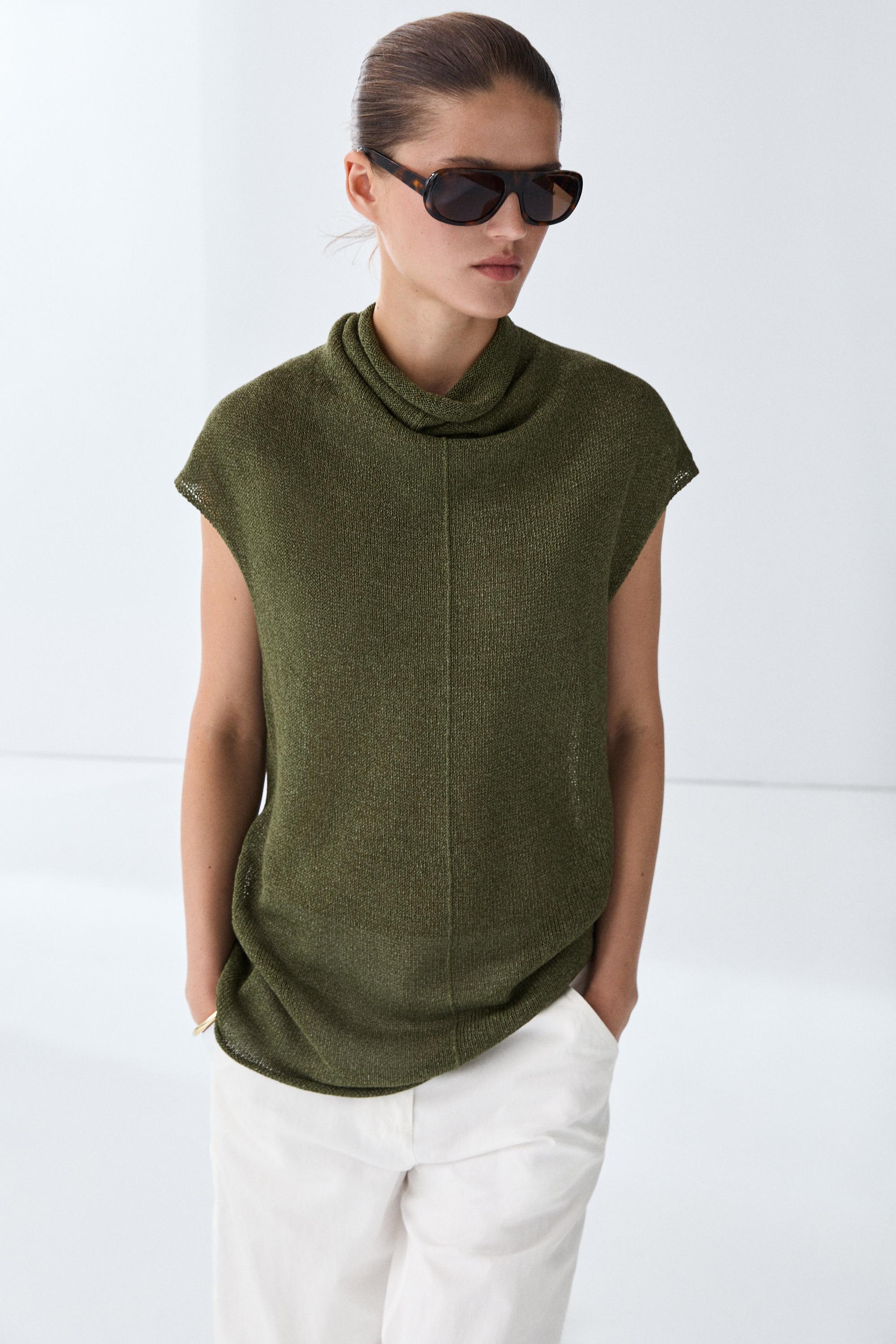 Draped high neck knit top — Mid-green