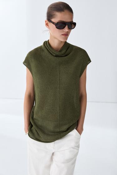 Draped high neck knit top — Mid-green 2