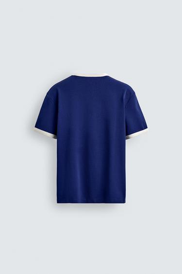 T-SHIRT CÔTELÉ BASIQUE EN CONTRASTE - Bleu / Blanc de Zara - Image 7
