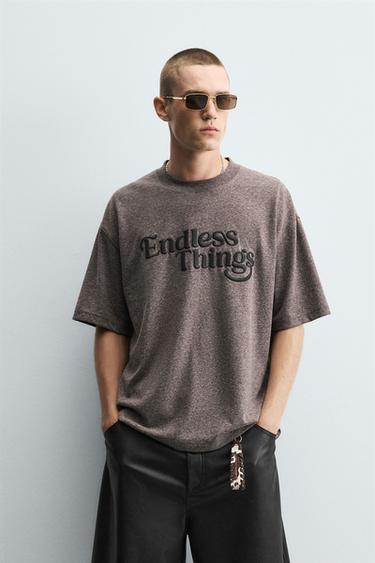 Zara CONTRAST EMBROIDERY T-SHIRT - FROSTED GRAY