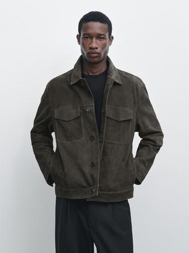 Zara Suede leather jacket with pockets - Blue gray