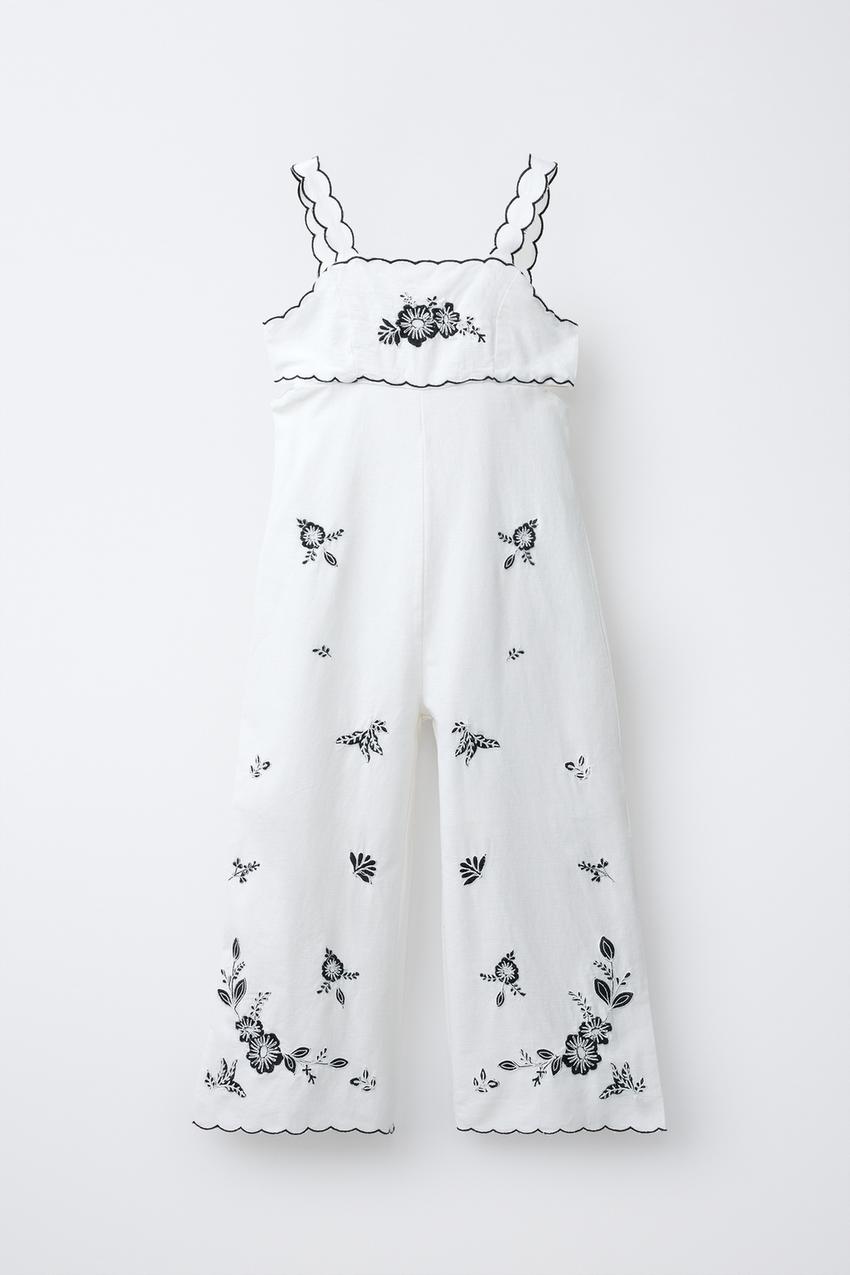Zara - Embroidered Cut-Out Cotton Linen Jumpsuit - Ecru / Black - 11-12 Years (58,3 Inches) - Kids Zara - Embroidered Cut-Out Cotton Linen Jumpsuit - Ecru / Black - 11-12 Years (58,3 Inches) - Kids