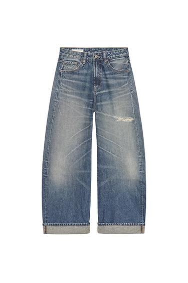 Zara TRF MID-RISE RIPPED BAGGY FOLDED JEANS - Navy blue