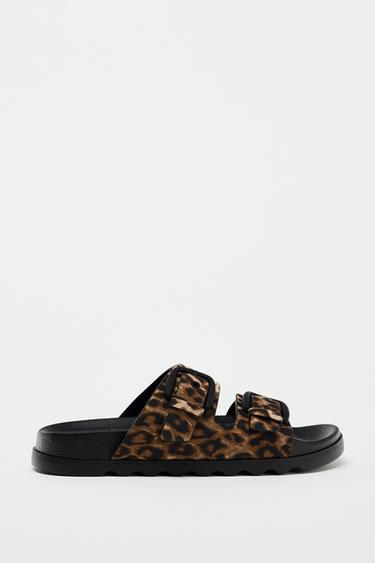 BUCKLED FLAT SLIDER SANDALS - Leopard by Zara