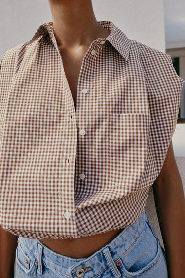 CROPPED GINGHAM SHIRT - brown/white by Zara