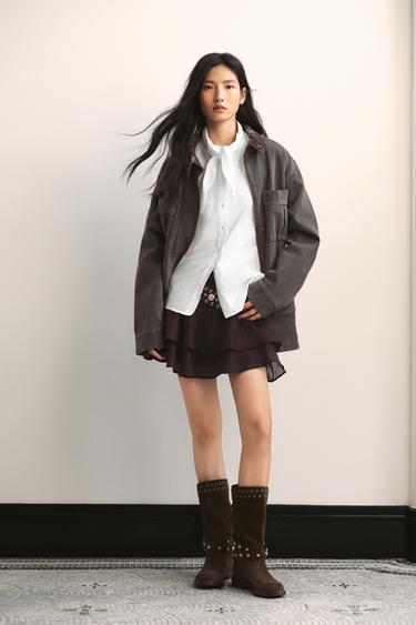 Zara 鉚釘絨面踝靴 - 棕色