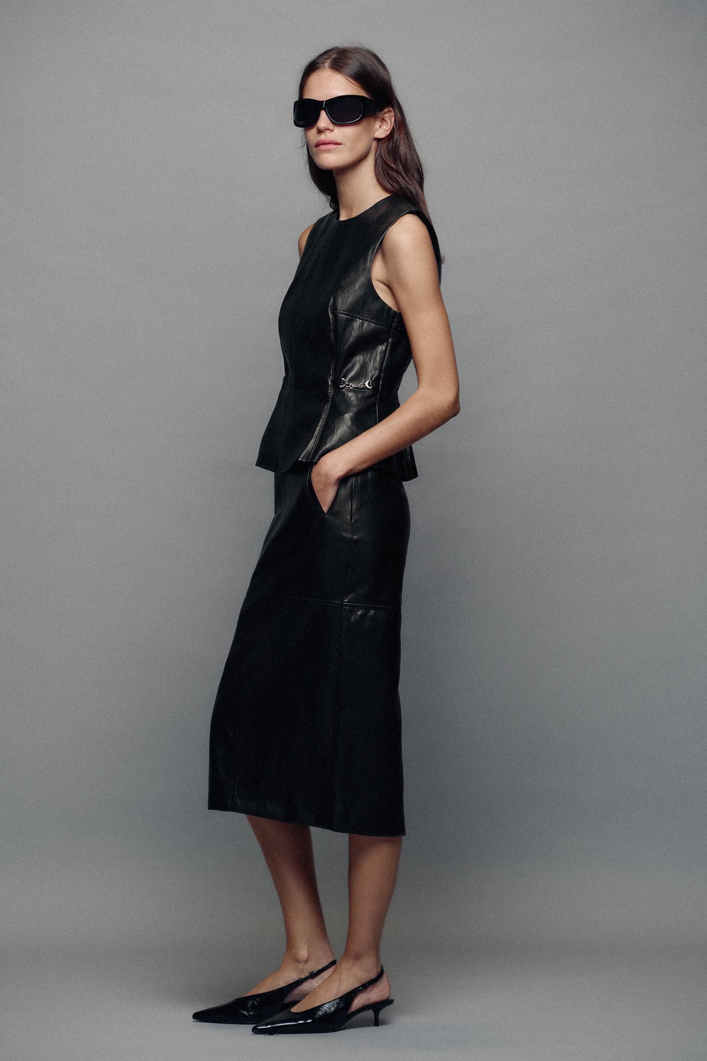 Женская юбка Zara Faux Leather Effect MIDI, цвет: Чёрный — фото 2