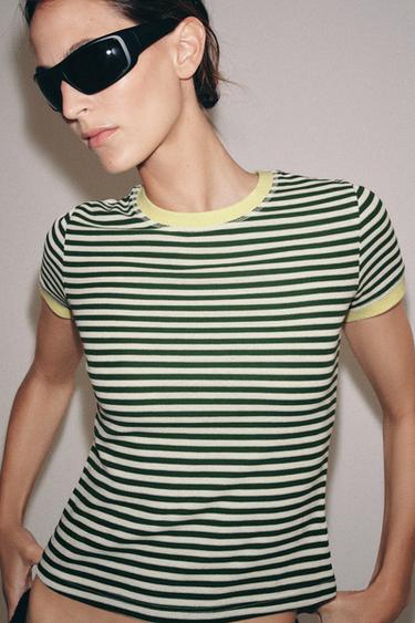 CAMISETA RAYAS MANGA CORTA - Verde / Crudo de Zara