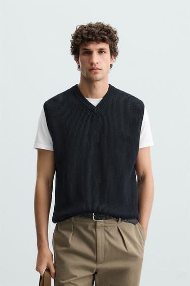 Zara TEXTURED KNIT CARDIGAN - Navy blue
