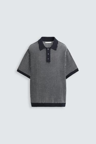 Zara CONTRAST RIBBED KNIT POLO SHIRT - Navy blue