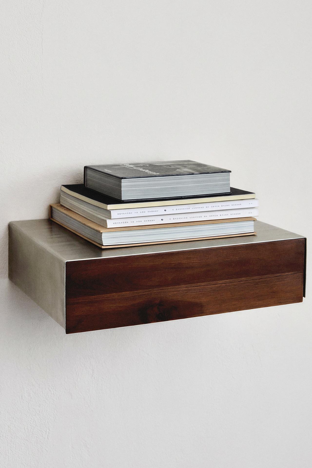 STEEL AND WOOD FLOATING BEDSIDE TABLE — Silver