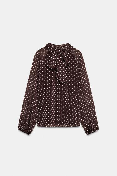 BLOUSE À NŒUD ET À POIS - Marron / Écru de Zara - Image 5