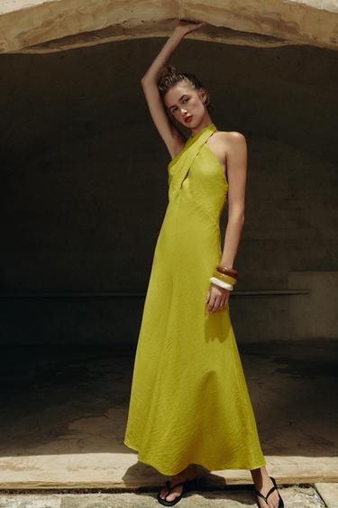 ROBE MI-LONGUE HALTER CROISÉE AVEC LIN - Citron vert de Zara - Image 7