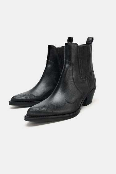 BOTTINES EN CUIR AVEC SURPIQÛRES COW-BOY - Noir de Zara - Image 3