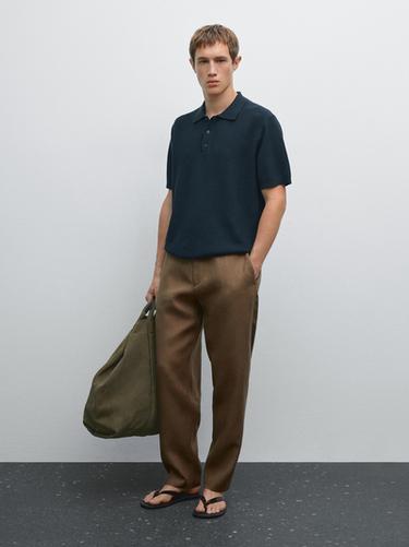 Zara 100% cotton textured knit polo shirt - Faded navy