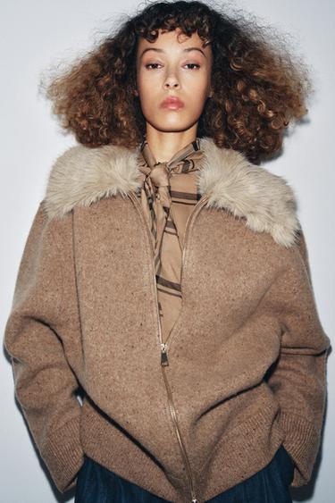 100% WOOL FAUX FUR LAPEL JACKET - Toffee by Zara - Image 1