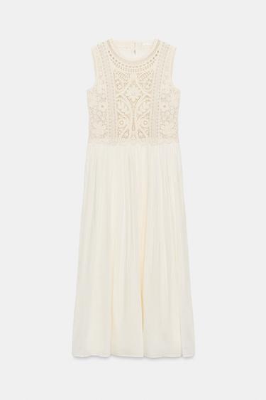 Zara ZW COLLECTION EMBROIDERED MIDI DRESS - Ecru
